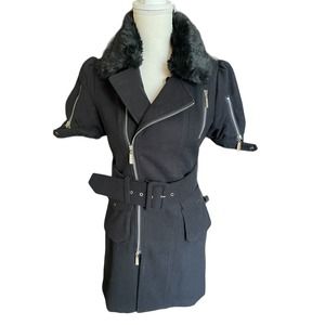 Womens Belted Waist Full Zip Wool Coat Fur Collar Short sleeve Size S Black